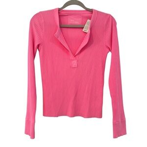 Aerie Pink Ribbed Henley Long Sleeve Hot Pink Top Size Small